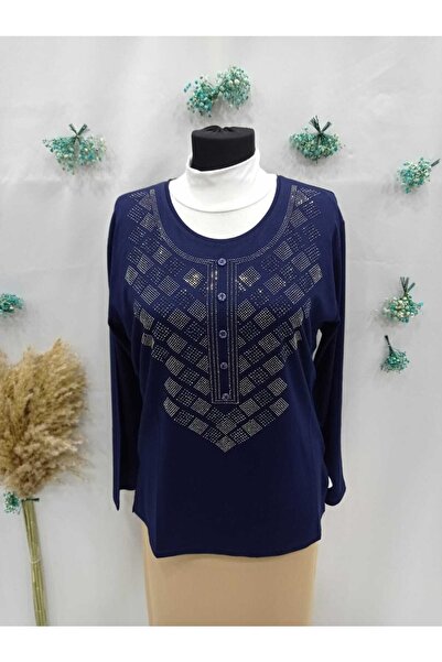 Sel Tekstil 2022 Model Round Collar Luxury Stoned Mother Combed Cotton Blouse