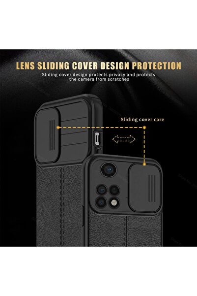 Fibaks Xiaomi Mi 11t - Mi 11t Pro Uyumlu Kılıf Sürgülü Slide Kamera Korumalı Deri Görünümlü Lüks Silikon