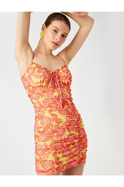 Koton Women&#39;s Gathered Thin Strap Floral Mini Dress 2sak80020pk