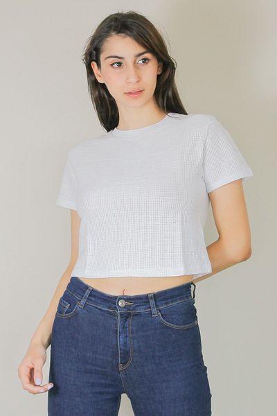 ARESMODA Women's White Short Crop Mesh T-Shirt