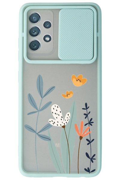 WANNA PROTECT Samsung Galaxy A32 Su Yeşili Kamera Korumalı Sürgülü Çiçek Bask...