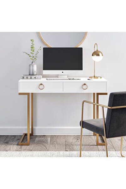 Özel Yapım Ofis Çalışma Masası Mdf Lam Beyaz-gold Iki Çekmeceli