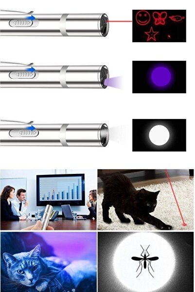 epazzar Usb Ile Şarj Edilebilen 3 In 1 Lazer Pointer Uv El Feneri + El Feneri Kırmızı Işık + Beyaz Meşale