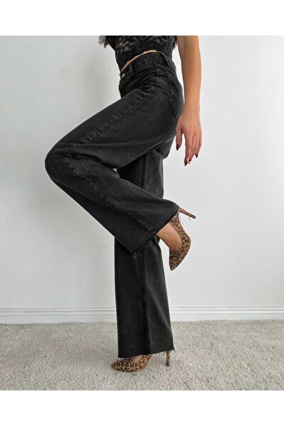 Ramrod Polina 90's Lycra Women's Black Super High Waist Loose Leg Denim Jeans Palazzo Pants