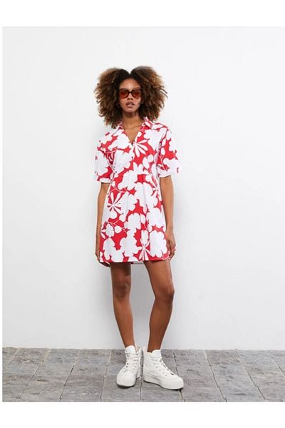 LC Waikiki Lcw Casual Shirt Collar Floral Short Sleeve Poplin Women's Dress