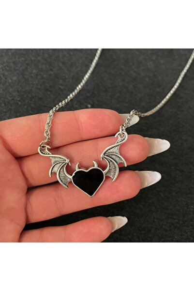 İYİ MODA قلادة على شكل قلب قوطي للجنسين بجناح مزدوج
