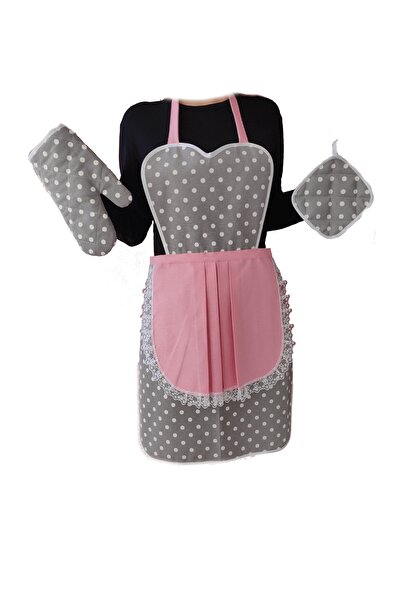 MoT Dekor طقم قفازات حامل مريلة المطبخ باللون الرمادي والوردي منقط T5643