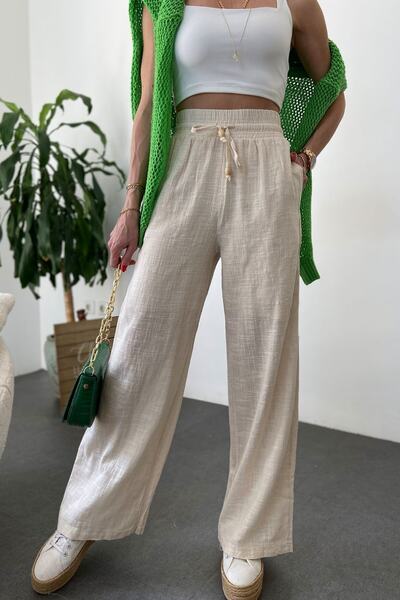 Suzi butik Pantaloni de damă din in, căptușiți cu talie elastică, de culoare crem