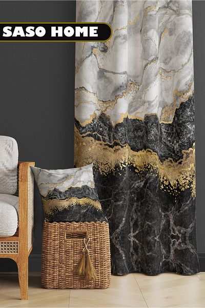 SasoHome Μαύρο - Γκρι - Λευκό Μαρμάρινο Μοτίβο 140 X 270 cm Ψηφιακή τυπωμένη κουρτίνα φόντου ((One Wing ))