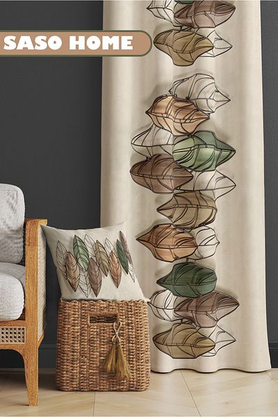 SasoHome Ψηφιακή τυπωμένη κουρτίνα φόντου 140 X 270 cm με μοτίβο φύλλων σε κρεμ φόντο ((μονό φτερό))