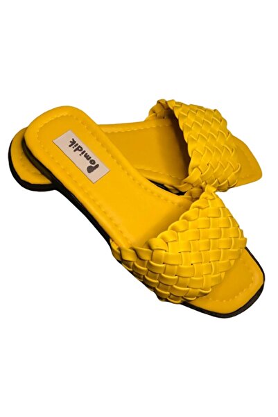 Pomidik Women's Yellow Braided Single Strap Summer Slippers
