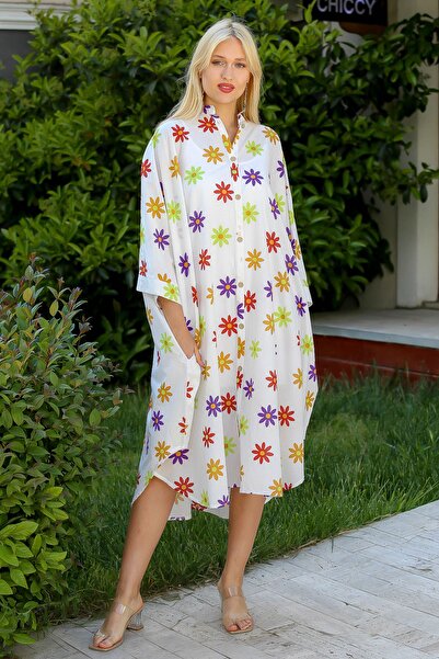 Chiccy Women's White Judge Collar Floral Patterned Buttoned Bat Sleeve Oversize Shirt Dress M10160000EL93217