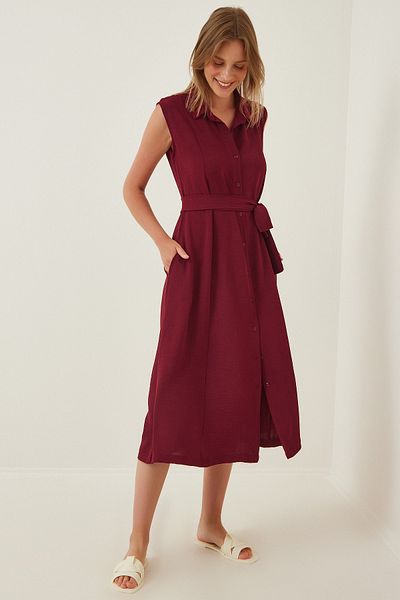 Happiness İstanbul Burgunderrotes Leinen-Viskose-Sommerhemdkleid mit Gürtel für Damen DD00927