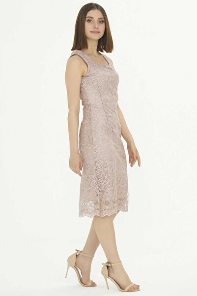 Selen Giyim Kare Yaka Kolsuz Güpürlü Elbise