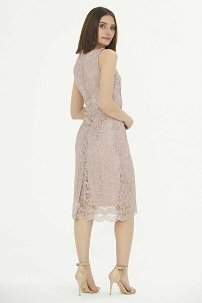 Selen Giyim Kare Yaka Kolsuz Güpürlü Elbise