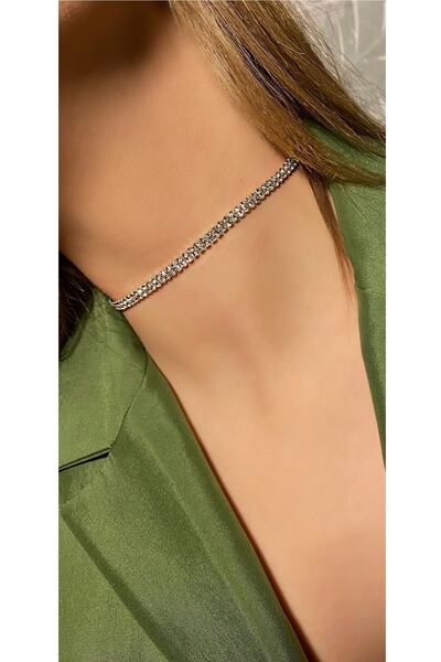 BB wikiki Parlak Taşlı Iki Sıra Choker Silver Rengi