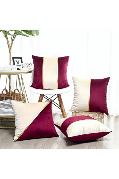 Bc Home 4'lü Bordo- Krem Deri Aksesuarlı Kadife Görünümlü Kırlent Kılıfı