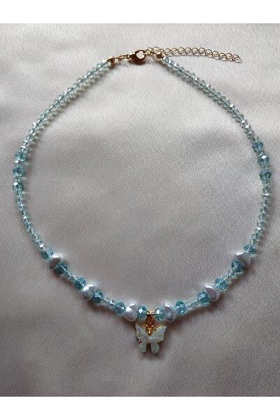 Fata Morgana Accessory Mavi Kelebek Uçlu Barok Incili Kristal Boncuk Kolye