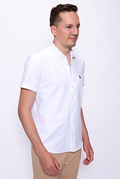 U.S. Polo Assn. Κοντομάνικο λευκό υφαντό κανονικό πουκάμισο
