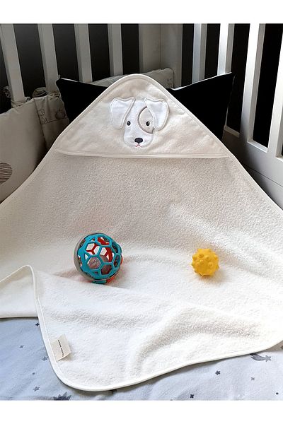 Tanem Home 100% Cotton Cream Dog Pattern Embroidered Baby Towel Swaddle 75x75 Cm