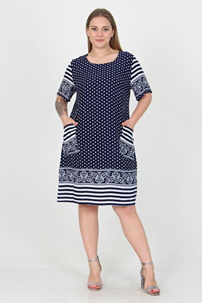 Neşeli Butik Women's Viscose Pocket New Season Polka Dot Large Size Dress Aysl24