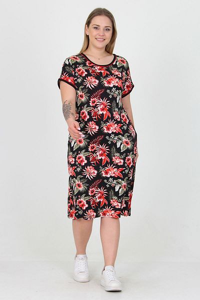 Neşeli Butik Women's Crew Neck Floral Print Large Size Summer Dress Aysl30