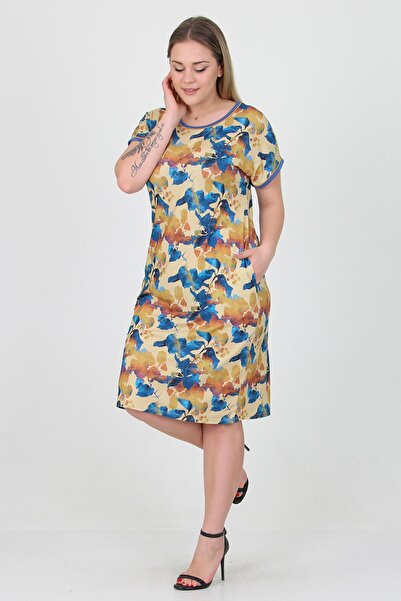 Neşeli Butik Γυναικείο φόρεμα με λαιμόκοψη κίτρινο χρώμα μεγάλου μεγέθους από βισκόζη Aysl26