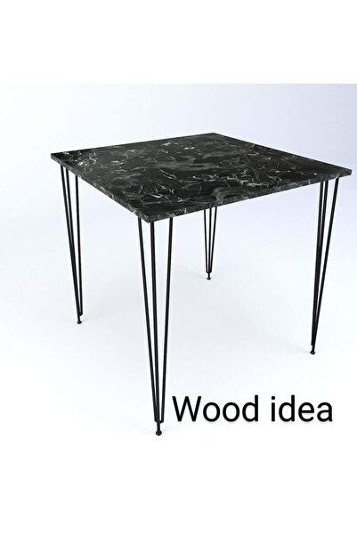 wood idea Siyah Mermer Desen 70x70 Kare Yemek Masası Balkon Masası