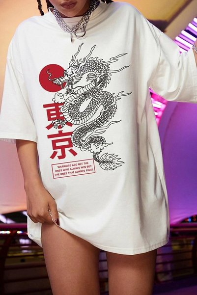 ubmbutik Dragon Baskılı Oversize T-shirt Ejderha Baskılı Salaş Tişört