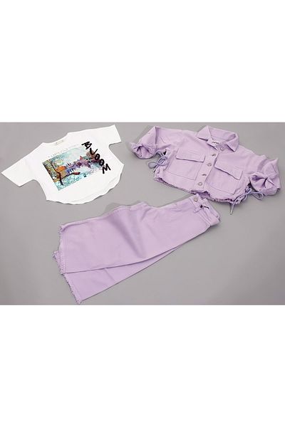 Pink Hippo Kids Girl's Denim Jacket, Trousers and T-shirt 3-Piece Set