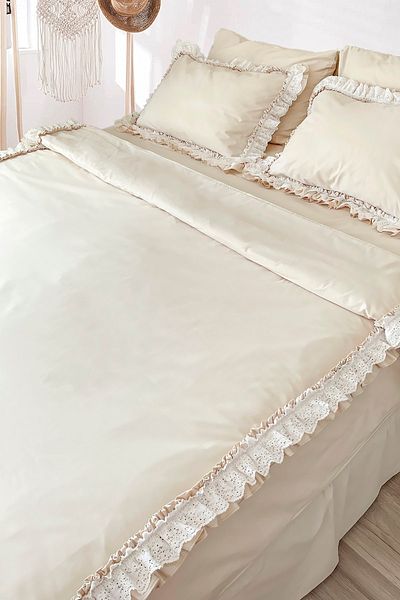 RİTMOHOME Ανοιχτό μπεζ βολάν βολάν βαμβακερό Vintage Retro Hotel Series Σετ παπλωματοθήκη για ένα άτομο