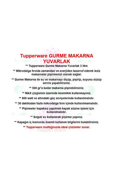 Tupperware Gurme Makarna Yuvarlak Mikrodalga Fırın Kabı Hsgl