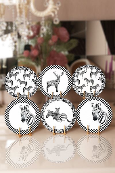 Realhomes 6-Piece Black and White Checkered Zebra and Deer Design Decorative Round Placemat & Plate