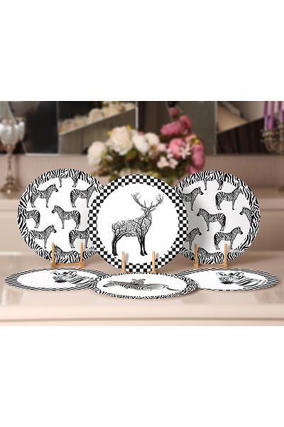 Realhomes 6-Piece Black and White Checkered Zebra and Deer Design Decorative Round Placemat & Plate