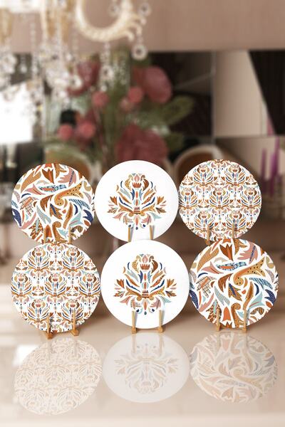 Realhomes 6'lı Renkli Etnik Motifli Dijital Baskılı Özel Tasarımlı Yuvarlak S...