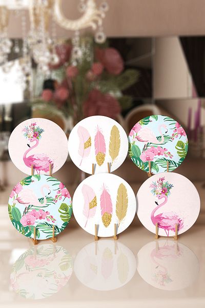 Realhomes 6-Piece Pink Themed Flamingo Design Digital Printed Modern Round Placemat & Plate
