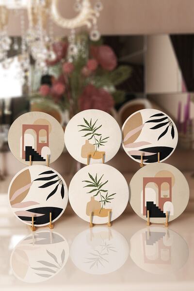 Realhomes 6'lı Bohem Tasarımlı Dijital Baskılı Özel Tasarım Yuvarlak Servis A...