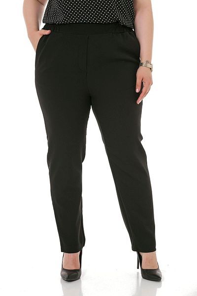 DISENTIS MODEST Large Size Black Trousers with Elastic Waist, Side and Back and Narrow Leg Pockets