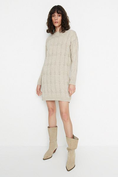 Trendyol Collection Stone Mini-Strickkleid mit Rundhalsausschnitt TWOAW22EL0027