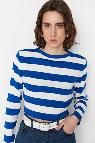 Trendyol Collection Navy Blue Crop Basic Striped Knitwear Svetr TWOAW23KZ00034
