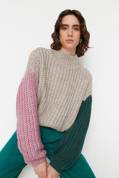 Trendyol Collection Stone Wide Fit Soft Textured Color Block Knitwear Sweater TWOAW21KZ0271