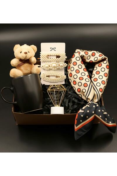 Bonitagift Siyah Kupa& Mini Ayıcık& Lacivert/turuncu Renkli Fular& Mini Elmas...