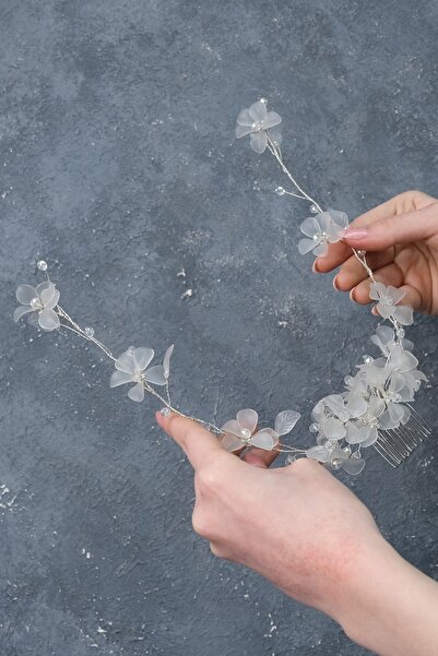 Hobigram Women's Accessory White Mila Flower Branch Motif Bridal Henna Crown – Other Hair Accessories, Stylish Design –