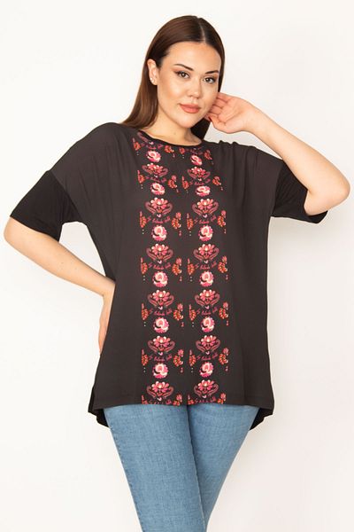 Şans Women's Large Size Black Front Patterned Short Sleeve Blouse 65n32983