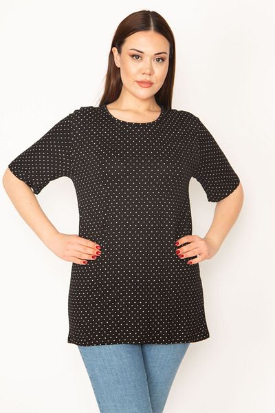 Şans Women's Large Size Black Point Patterned Crew Neck Short Sleeve Blouse 65n32987