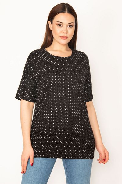 Şans Women's Large Size Black Point Patterned Crew Neck Short Sleeve Blouse 65n32987