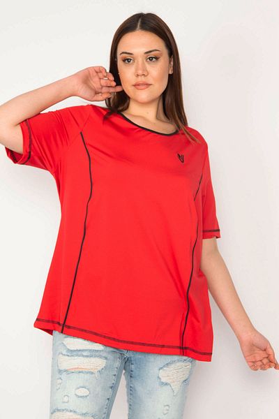 Şans Women's Large Size Red Collar Bias Sports Blouse 65n32945
