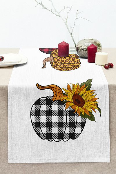 Realhomes Plaid Pumpkins on White Background Digital Printed Modern Stitched Raschel Knitted Runner