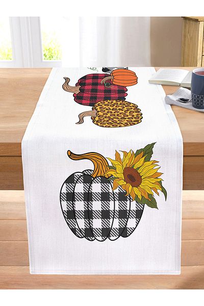 Realhomes Plaid Pumpkins on White Background Digital Printed Modern Stitched Raschel Knitted Runner
