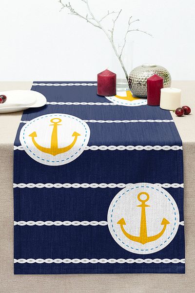 Realhomes Digital Printed Modern Stitched Raschel Knitted Runner with Anchor Drawing on Navy Blue Background